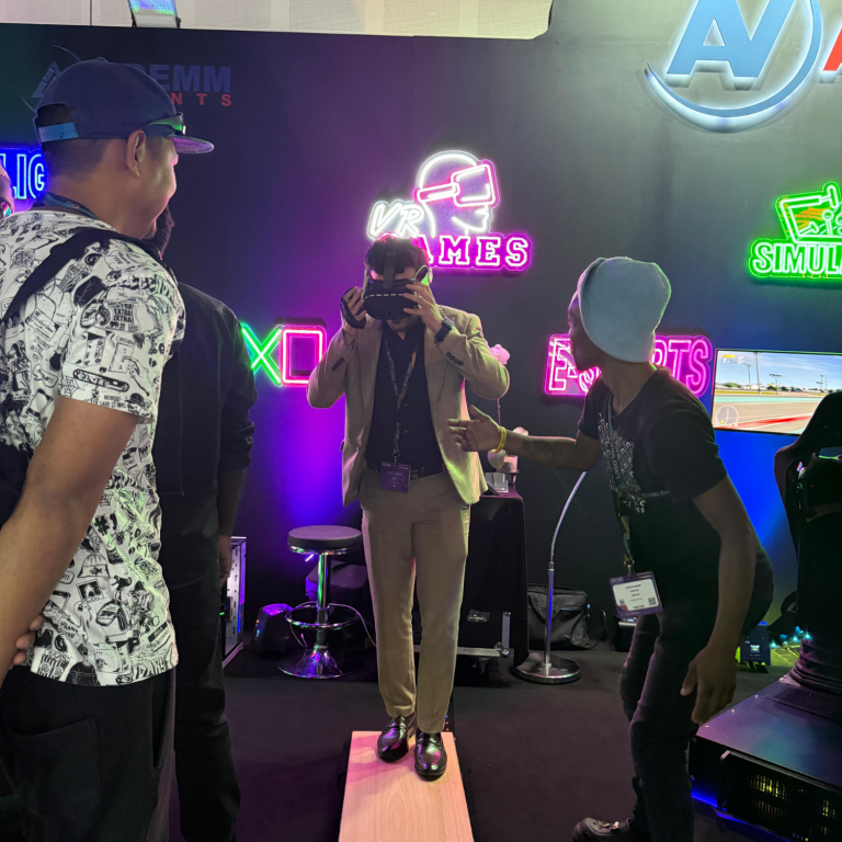 Gamer enjoying immersive VR gameplay with motion tracking and virtual reality headset