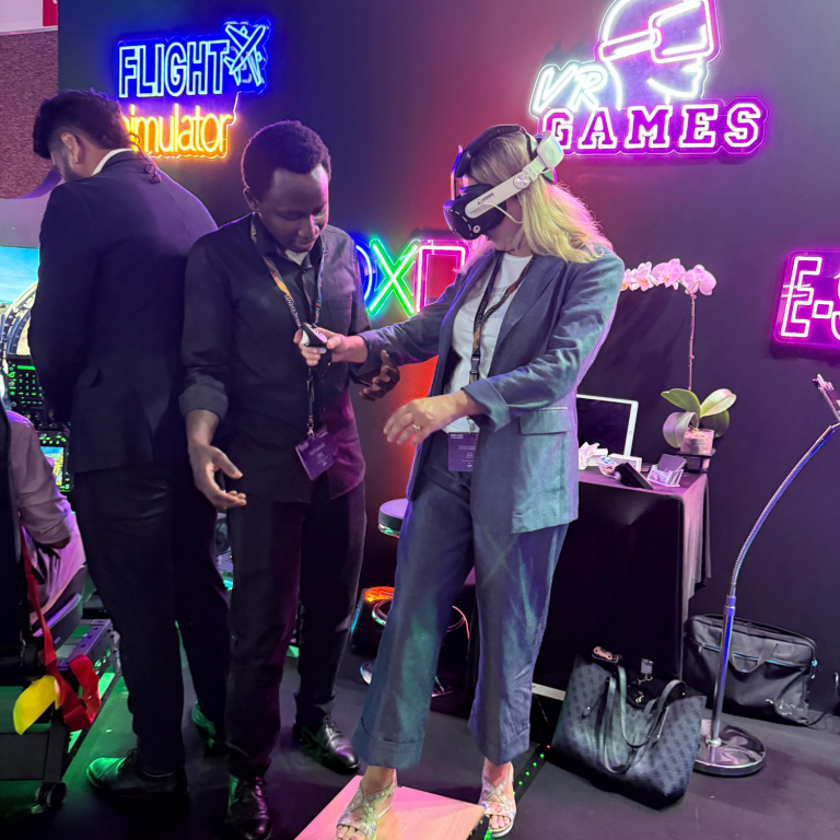 erson playing virtual reality game with VR headset and motion controllers