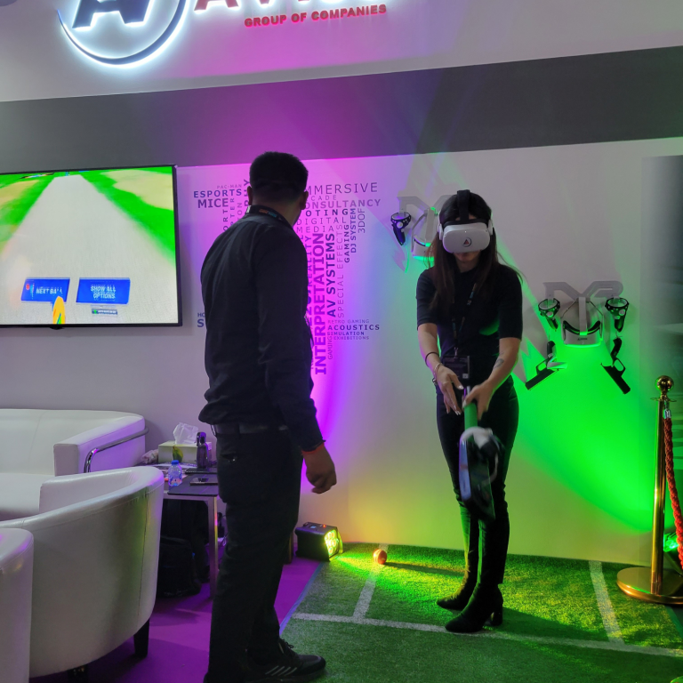 Gamer enjoying immersive VR gameplay in a futuristic setting